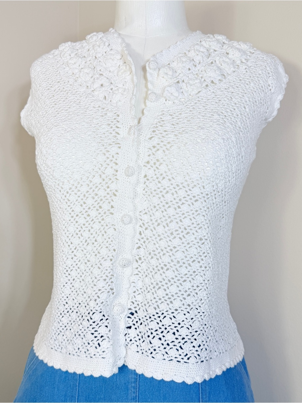 Handmade White Crochet Top Vest Button down Front